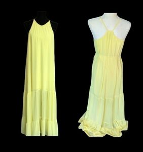 Buttery yellow chiffon flowy t back fairycore belted maxi sun dress sz 2